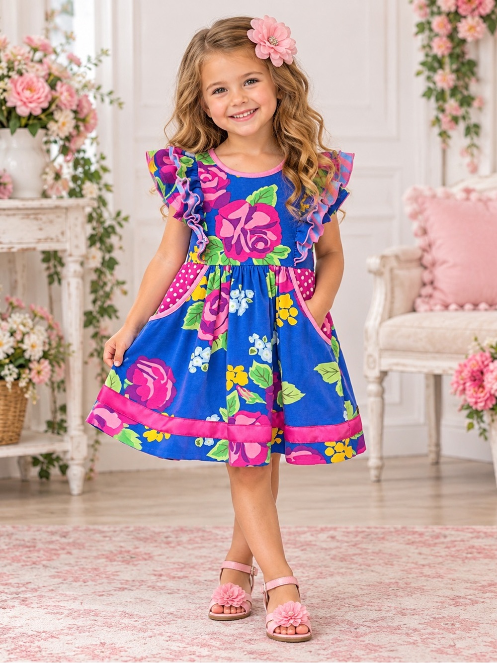 Matilda Jane Girls 4 Blue Floral Ruffle Dress Pink Flower Clip 2-Piece